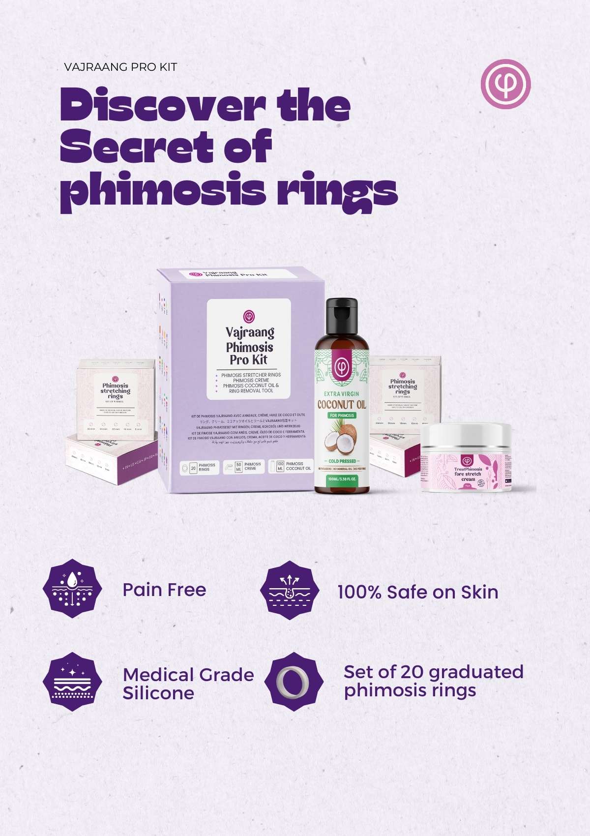 Phimosis Stretching Rings (20 Rings set) With fore-stretch phimosis cream, Extra virgin coconut oil, Ring removal tool and ‘How to use’ booklet