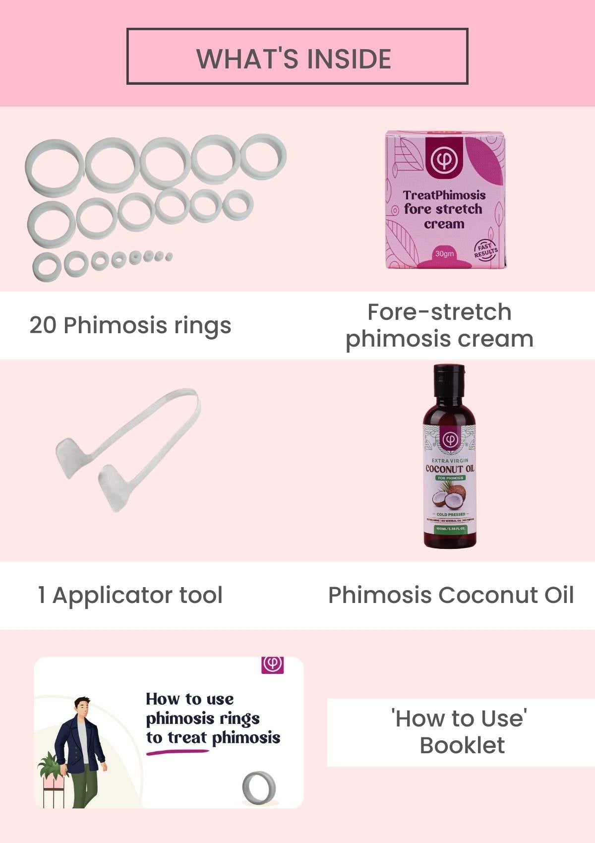 Phimosis rings with phimosis cream, tool and booklet WITH Phimosis Coconut Oil