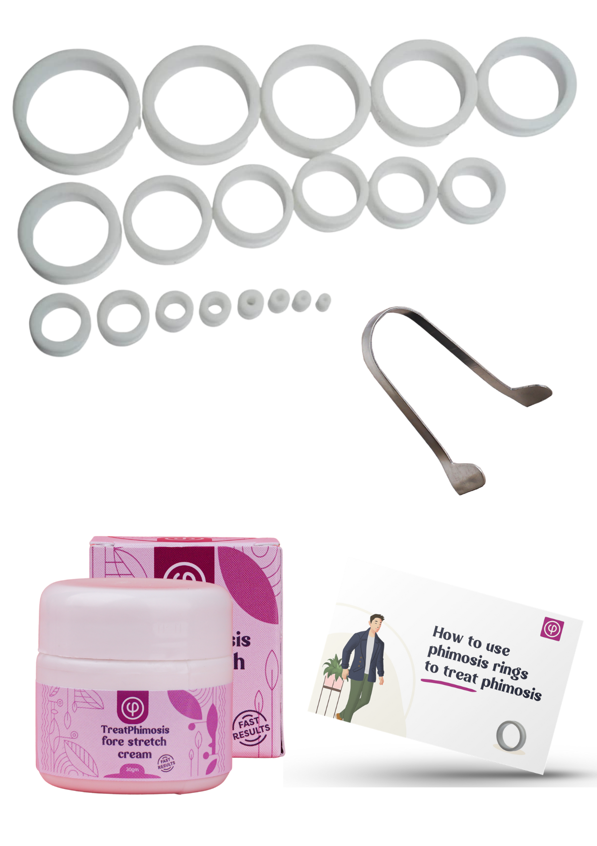 Phimosis Stretching Kit. The Only Silicone Rings worn all day. 20 sizes
