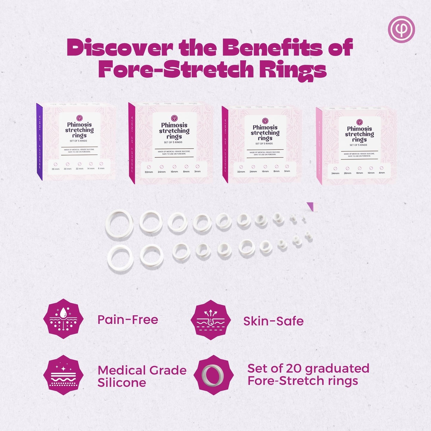 Phimosis Stretching Rings (20 Rings set) With fore-stretch phimosis cream, Applicator tool and ‘How to use’ booklet