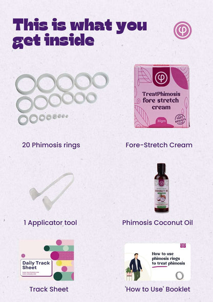 Phimosis Stretching Rings (20 Rings set) With fore-stretch phimosis cream, Extra virgin coconut oil, Ring removal tool and ‘How to use’ booklet