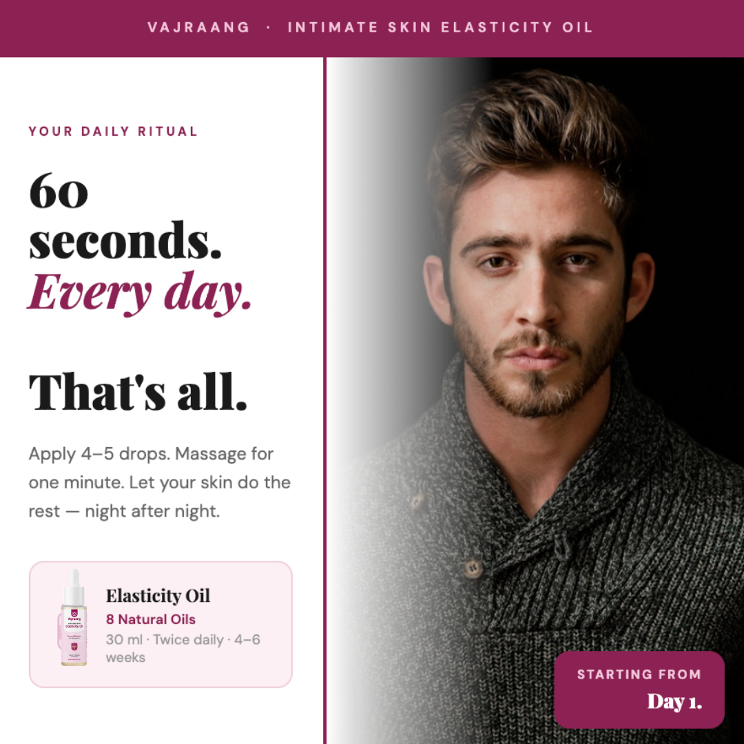 Advertisement for Vajraang Intimate Skin Elasticity Oil featuring a man with text about daily ritual.