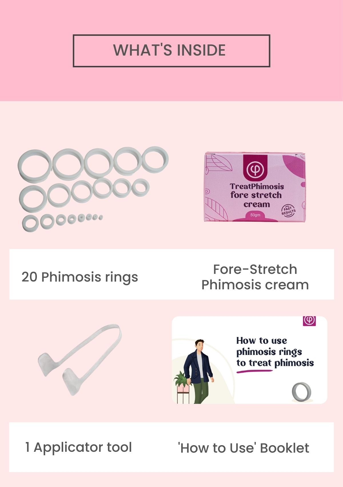 Phimosis Stretching Rings (20 Rings set) With fore-stretch phimosis cream, Applicator tool and ‘How to use’ booklet