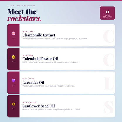 List of skincare ingredients with corresponding benefits on a light blue background