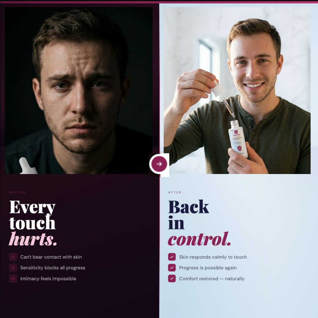 Before and after comparison of a man with skin sensitivity issues and someone using a Skin Soothing oil by Vajraang to treat glans hypersensitivity to alleviate them.