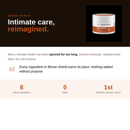 'Cause Human' intimate care product with a jar of cream on a dark background.