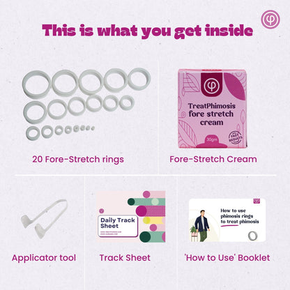 Phimosis Stretching Rings (20 Rings set) With fore-stretch phimosis cream, Applicator tool and ‘How to use’ booklet