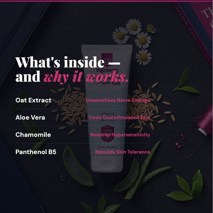 Tube of fore-cleanse gel with ingredients listed on a dark background