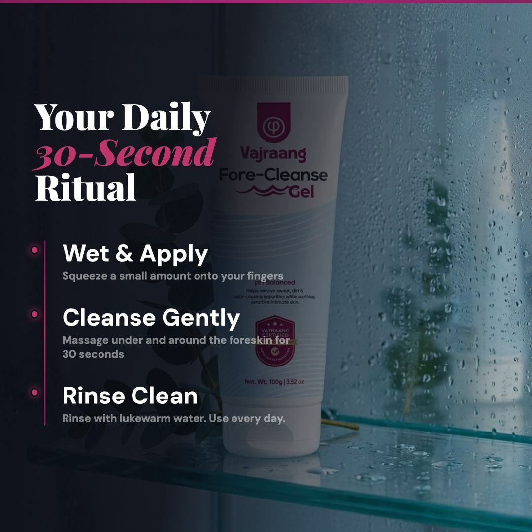 Vajaang Fore-Cleanse Gel bottle with usage instructions on a bathroom background