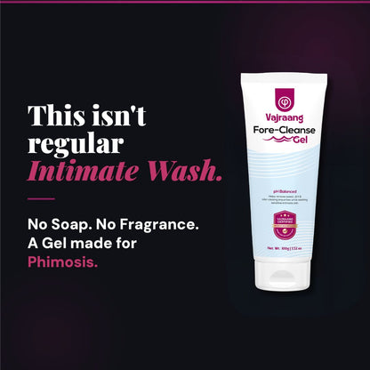 Vajaang Fore-Cleanse Gel tube on a dark background with text about its use for phimosis.