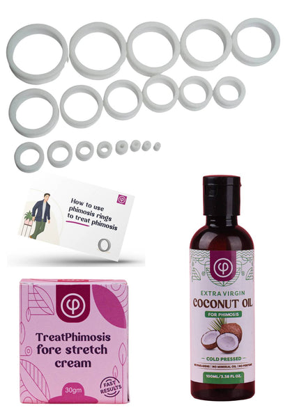 Phimosis rings with phimosis cream, tool and booklet WITH Phimosis Coconut Oil